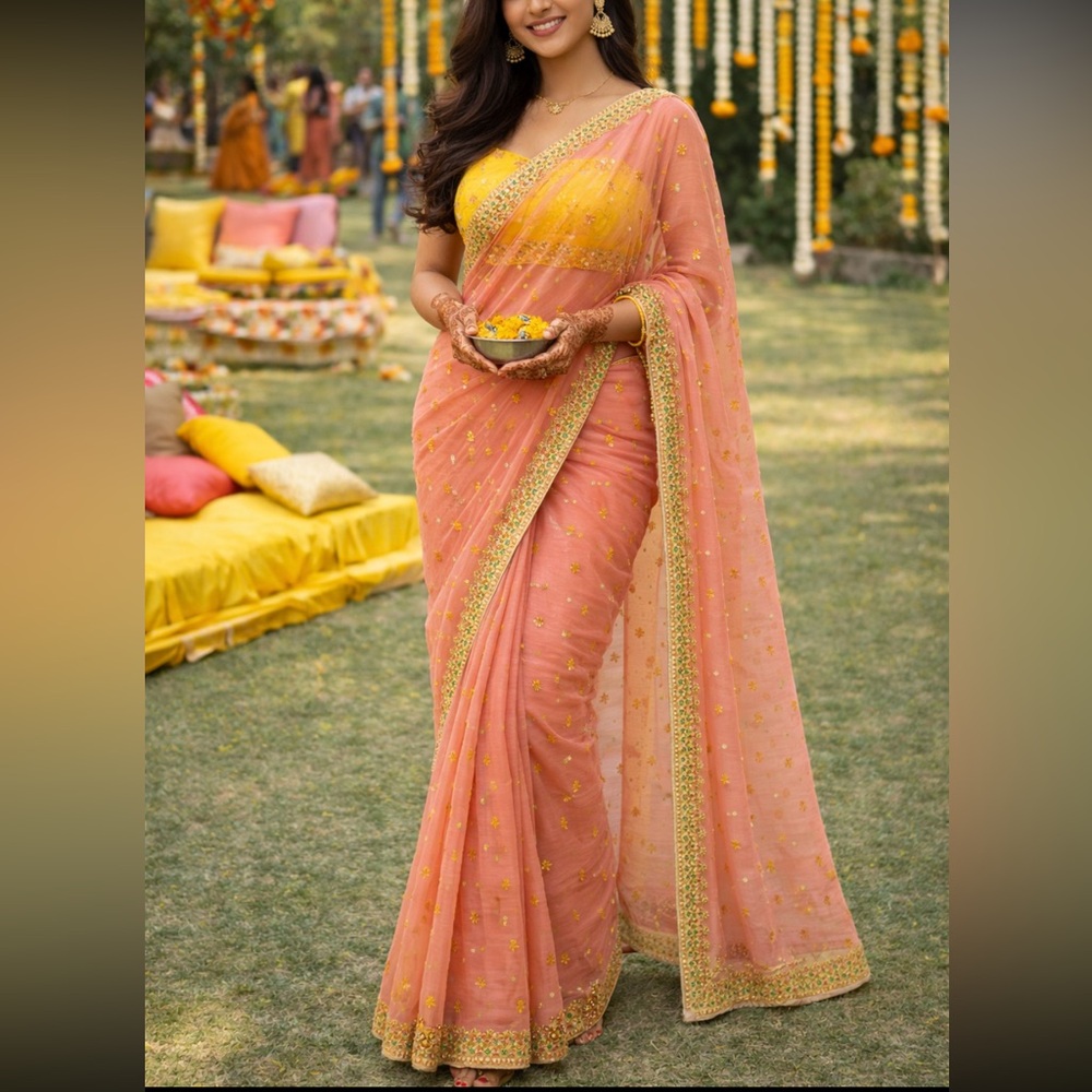 Brand new hand embroidered Dresigner Saree with padded blouse